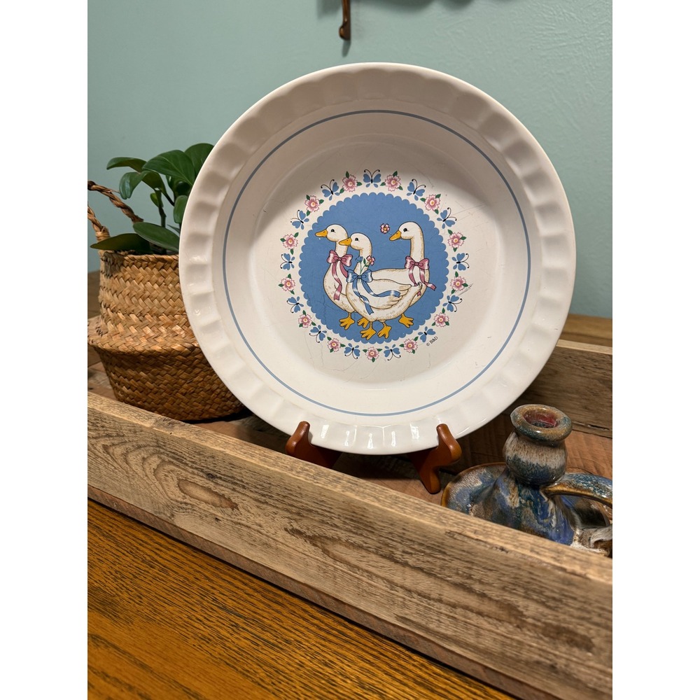 Vintage Treasure Craft Ribbon Geese Ceramic Pie Plate 10.5 Inch Made in USA